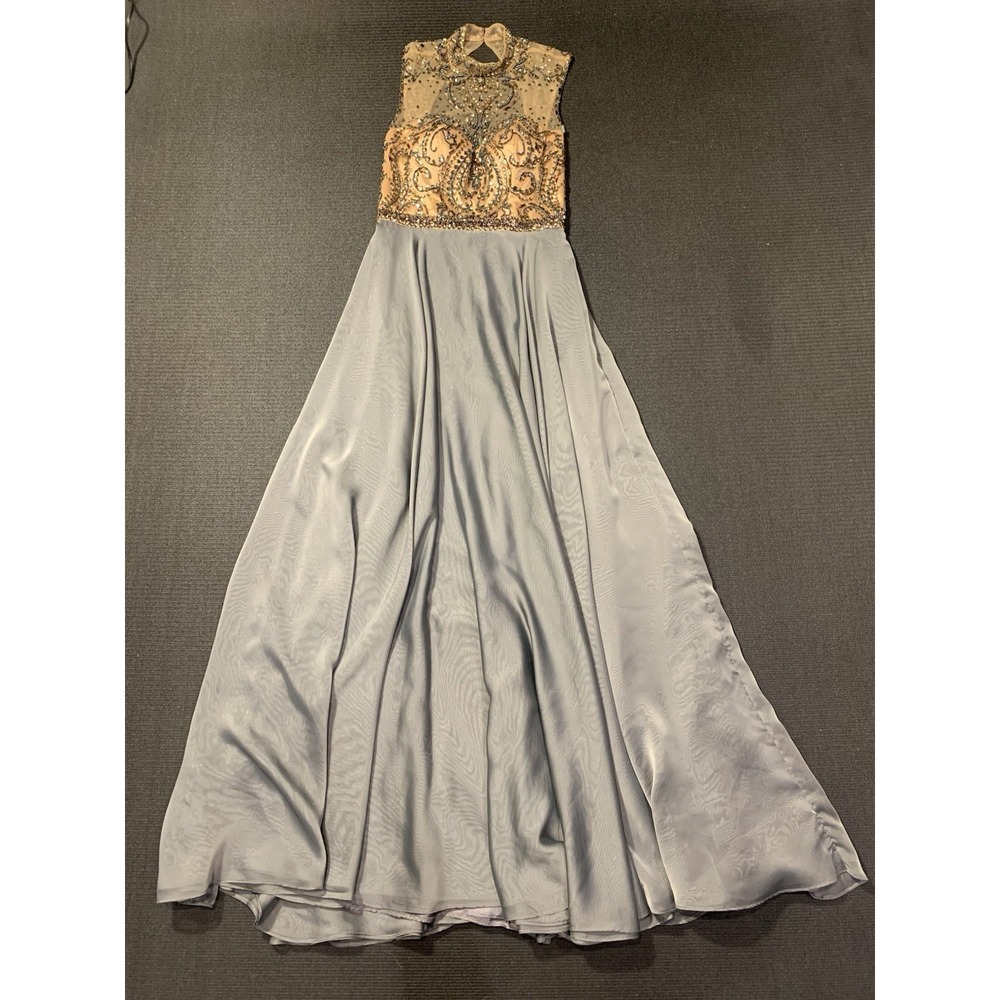 Sherry Hill Prom Dress Gown Gray Gold Beaded Full Length Size‎ 6